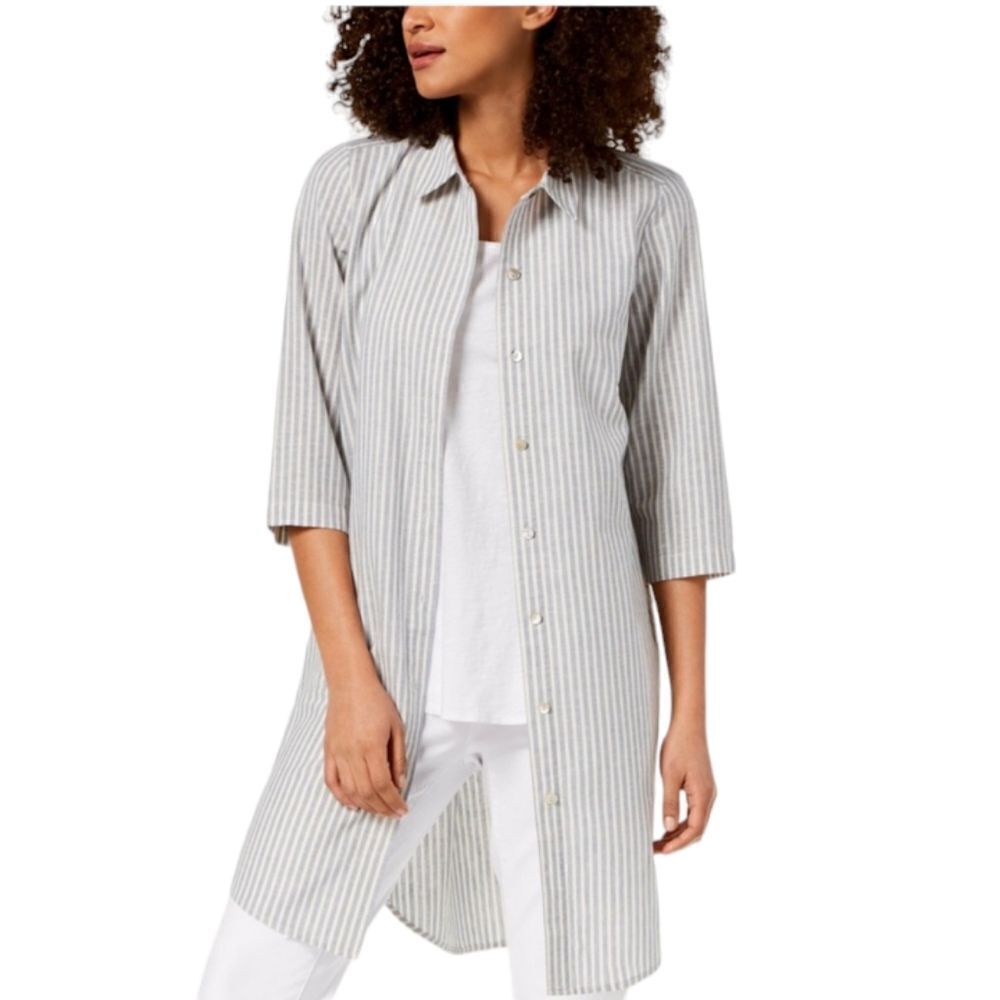 Eileen Fisher Hemp blend striped tunic longsleeve buttondown white chambray M